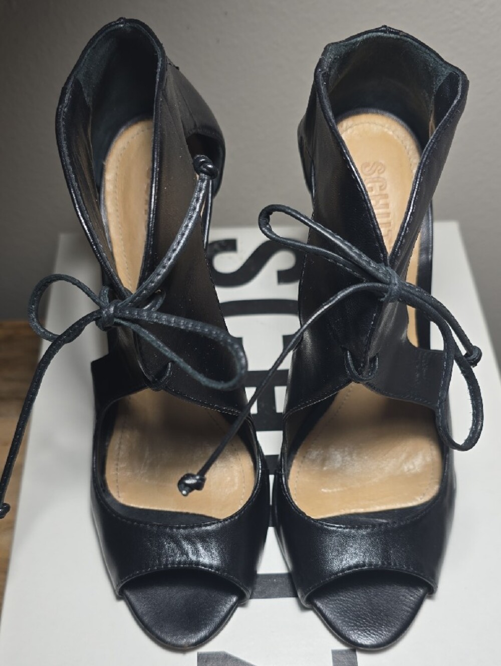 SCHUTZ Black Lace-Up Peep Toe Stiletto Sandals